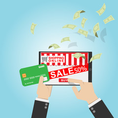 vector illustration. businessman use credit card on online shop on tablet with screen sale promotion discount 50 percent off and click buy button with money bank note flow background. online shopping