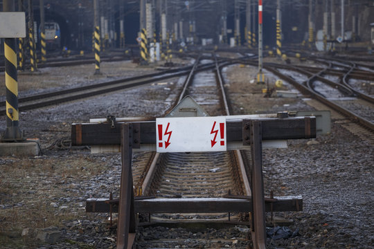 Railway Is A Dead End With A Sign Of Danger.