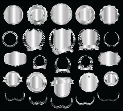 silver shields laurel wreaths and badges vector collection
