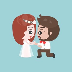 Kneeling Groom and bride  asking marriage, cute character for use as wedding invitation card or backdrop