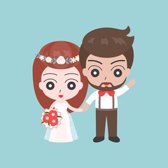 Groom and bride holding hands, cute character for use as wedding invitation card or backdrop