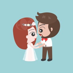 Groom and bride holding hand, cute character for use as wedding invitation card or backdrop