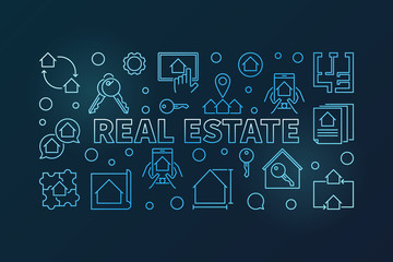 Fototapeta na wymiar Real Estate vector blue outline horizontal banner