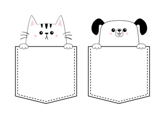 Dog cat kitten puppy set in the pocket holding paw hands. Doodle contour linear sketch. Cute cartoon animals. Dash line. Pet animal. White and black color. T-shirt design. Baby background. Flat