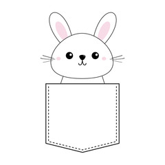 Rabbit baby face head icon sitting in the pocket. Pink cheeks. Contour line. Funny hare. Cute cartoon character. Love card. Kawaii Easter animal. Flat design White background