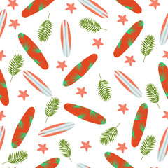Fototapeta premium Sea seamless pattern with surfboards, palm leaf and starfish on background. Vector illustration as fabric, textile, clothes.