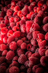 Red raspberries close-up / Heap of fresh ripe red raspberries 