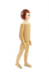Wooden Carved Antique Doll on White Background