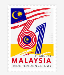 Happy malaysia independence day 61th simple stamp, postage or postcard with flag national background vector illustration symbol