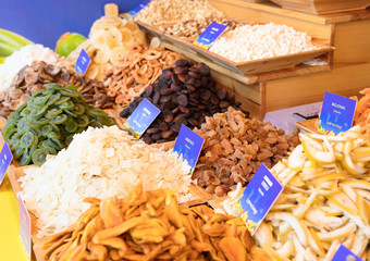 Various colorful sweets and dry fruits.