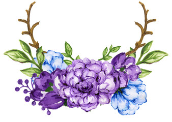 Watercolor gouache  bouquets of flowers wreath frame set