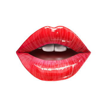 Red sexy juicy lips collection. Vector lipstick or lip gloss 3d realistic illustration.
