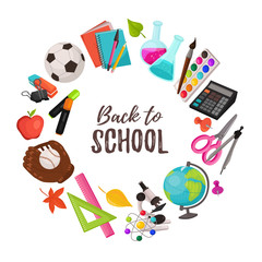 Hand drawn school objects in circle composition around text. Vector illustration of education design elements  isolated on white background. Back to school.