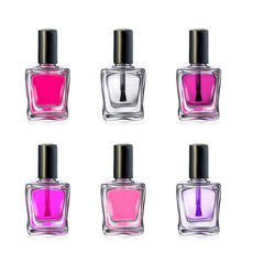 Nail polish bottles on white background vector illustration. Beauty set shades of pink