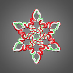 Candy cane style of snowflake on gray background. Christmas element decorated red and green stripes. 3d render.