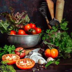 Fresh tomatoes and parsley, dill, garlic on a dark background in a rustic kitchen and wooden utensils still life with copy space