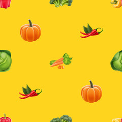 Seamless pattern with vegetables. Vegeterian food. Tomato, pumpkin, cabbage, potatoes onion broccoli carrot pepper and garlic. 3d realism vector illustration.