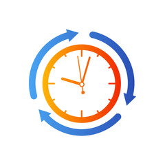 Icono plano reloj con flechas girando en azul y naranja