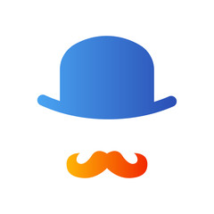 Icono plano bombín con bigote en azul y naranja
