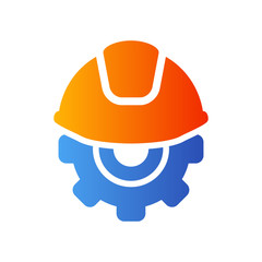 Icono plano casco de obrero sobre engranaje en azul y naranja