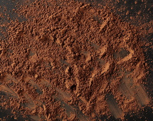 Cocoa powder pile isolated on black background, top view