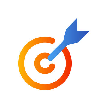 Icono plano abstracto con flecha en diana en azul y naranja