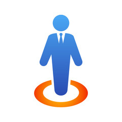 Icono plano hombre en círculo en perspectiva en azul y naranja