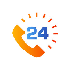 Icono plano teléfono con esfera de reloj con 24 en azul y naranja