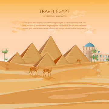 Egypt pyramids card background Vector. Desert view with camels