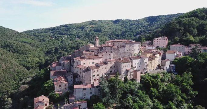 Sassetta, Livorno, Tuscany, Italy - 25 June 2018. Aerial view of the city and mountains