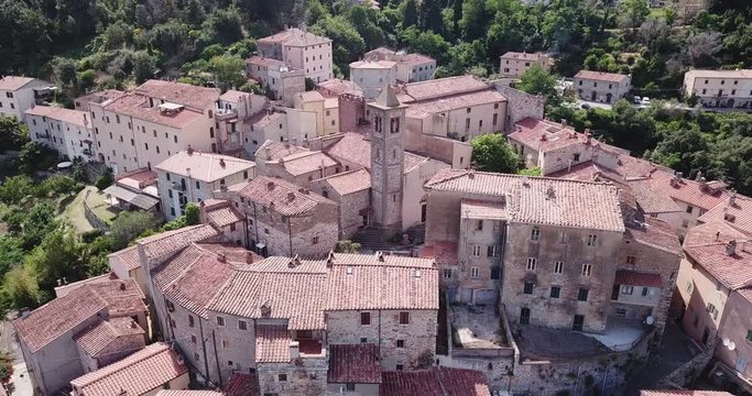 Sassetta, Livorno, Tuscany, Italy - 25 June 2018. Aerial view of the city and mountains