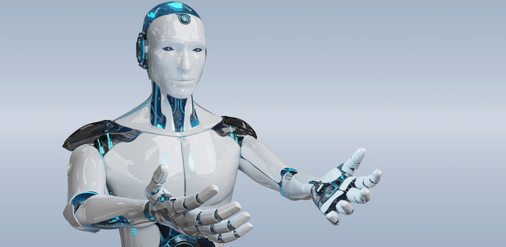 White male cyborg opening his two hands isolated on grey background 3D rendering