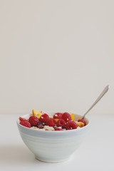 Breakfast bowl with raspberry, nectarine, banana, plum, dried cranberry and oats. Fruit salad. Healthy eating. Vegan food