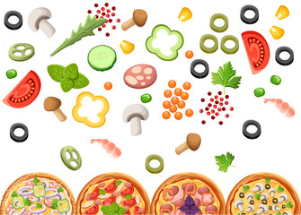 Group of pizza with ingredients. Flat style design. Concept for menu of pizzeria, cafe, restaurant. Vector illustration on white background