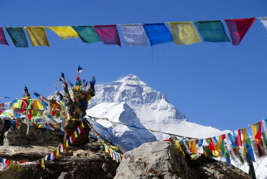 Colourful prayer flags at Sherab Choling Hermitage with Mt. Everest Chomolungma Tibet China