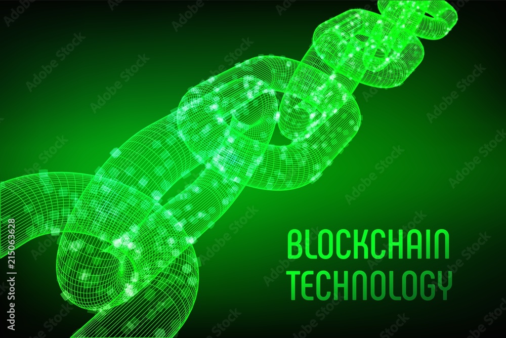Poster block chain. crypto currency. blockchain concept. 3d wireframe chain with digital blocks. editable c