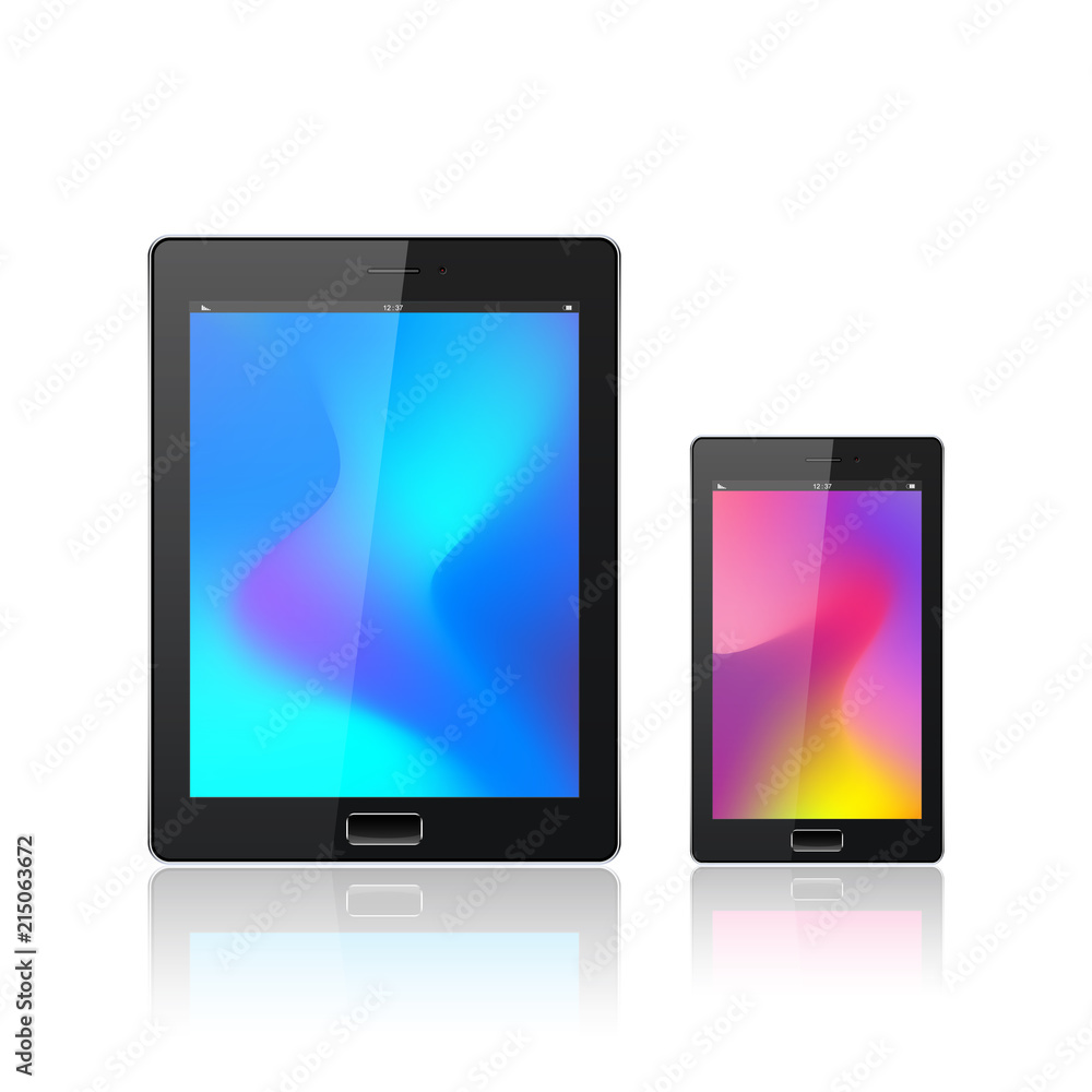 Poster modern digital tablet pc with mobile smartphone isolated on the white. abstract fluid 3d shapes vect