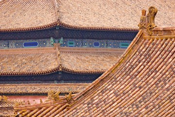 Asia, china, roofs with mythical creatures in forbidden city in beijing.