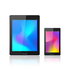 Modern digital tablet PC with mobile smartphone isolated on the white. Abstract fluid 3d shapes vector trendy liquid colors backgrounds. Colored fluid graphic composition.