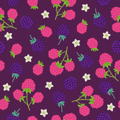 Fruit seamless pattern with raspberry and blackberry on dark background