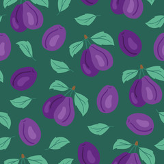 Fruit seamless pattern with plum on green background