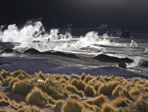 The hot springs steam most at sunrise, El Tatio Geyser Field, Region de Antofagasta, Chile, South America