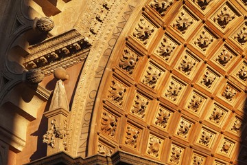 Detail at the main entrance, Porta de l'Almudaina, La Seu Cathedral, Palma de Majorca, Majorca, Balearic Islands, Spain, Europe
