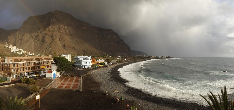 Beach in La Playa, La Calera at the top left, Valle Gran Rey, La Gomera island, Canary Islands, Spain, Europe