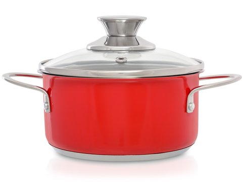Red saucepan with closed lid isolated on white background