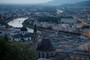 Aerial view of the historic city of Salzburg in the evening