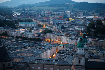 Fototapeta premium Aerial view of the historic city of Salzburg in the evening