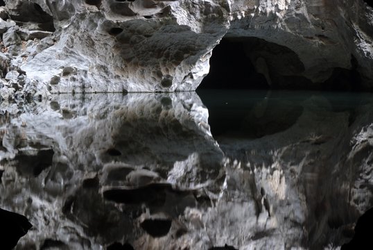Potholing, speleology, quiet lake, reflection, water in the Tham Pha Incave in Thakek, Khammuan province, Khammouane, Laos, Southeast Asia, Asia