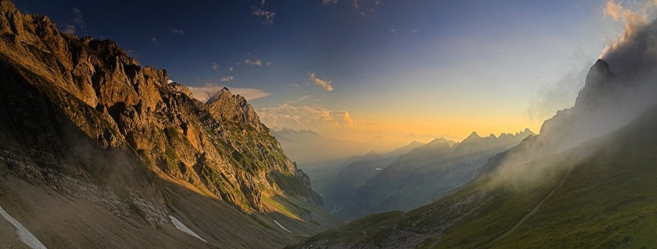 Evening mood, picture taken from Rotstein mountain pass in the Alpstein Alps, Swiss Alps, Switzerland, Europe