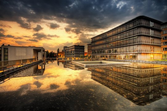 Modern buildings, dusk, Saarbruecken, Saarland, Germany, Europe